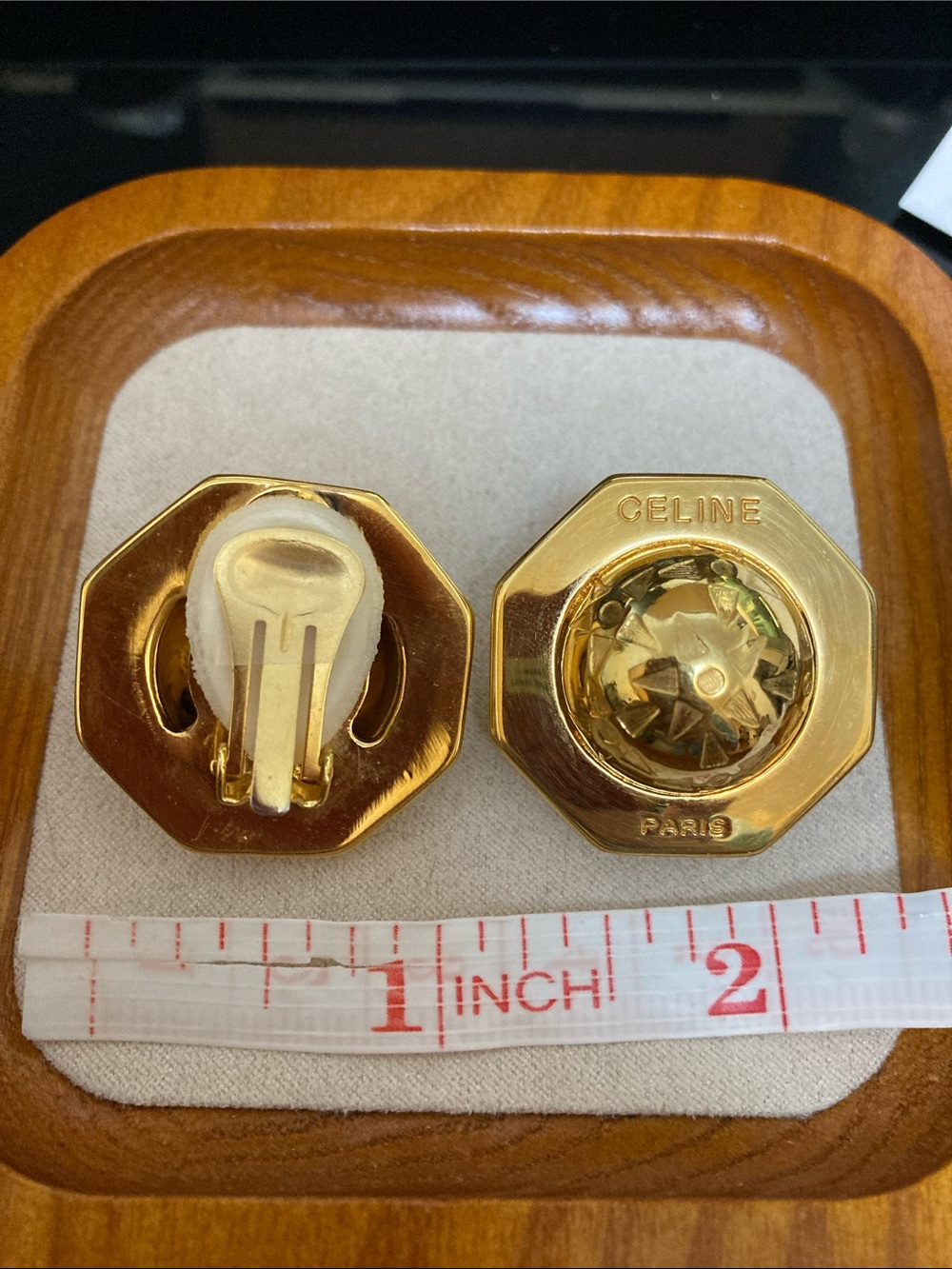Celine Gold Octagonal Dome Clip Earrings - Picture 4 of 4